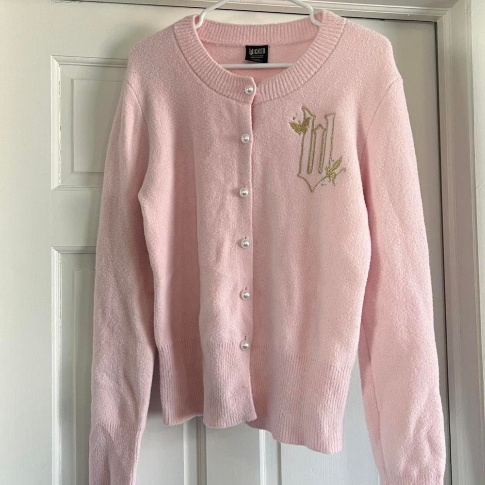 Wicked pink cardigan with gold embroidery and pearl buttons Size L
